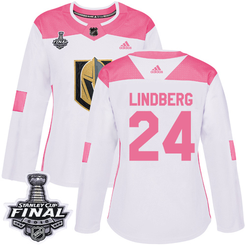 Adidas Golden Knights #24 Oscar Lindberg White/Pink Authentic Fashion 2018 Stanley Cup Final Women's Stitched NHL Jersey - Click Image to Close